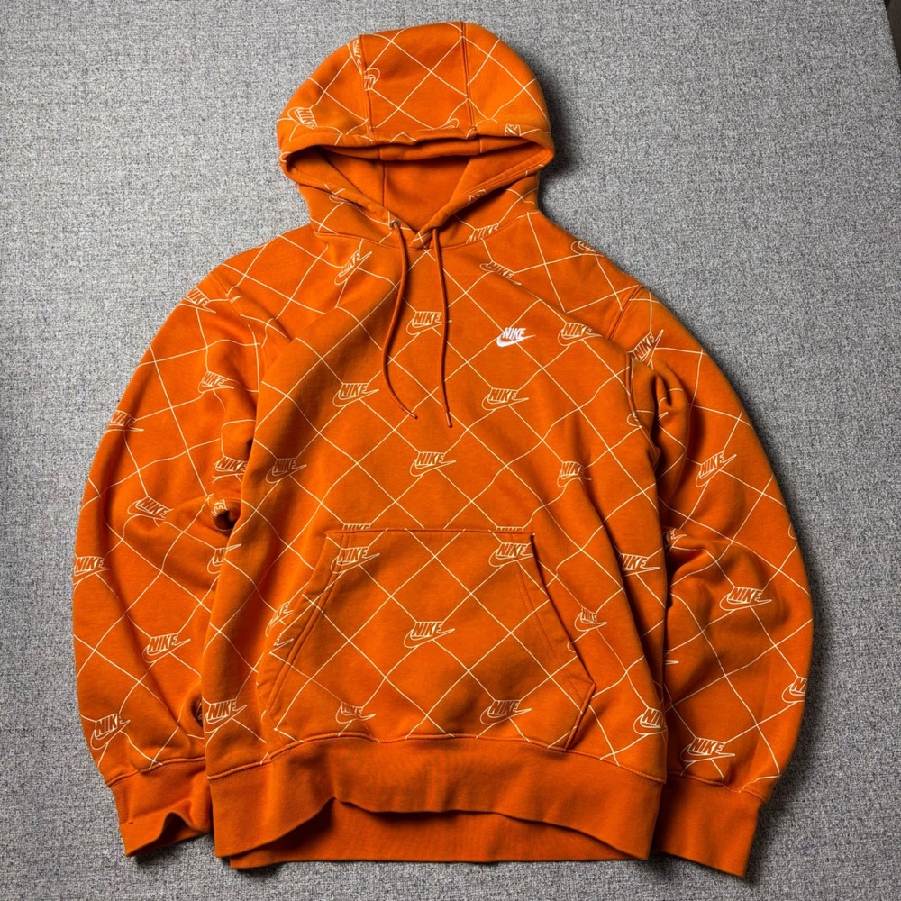 Nike Hoodie Men Large Pullover Orange Grid Basketball Logo Fleece